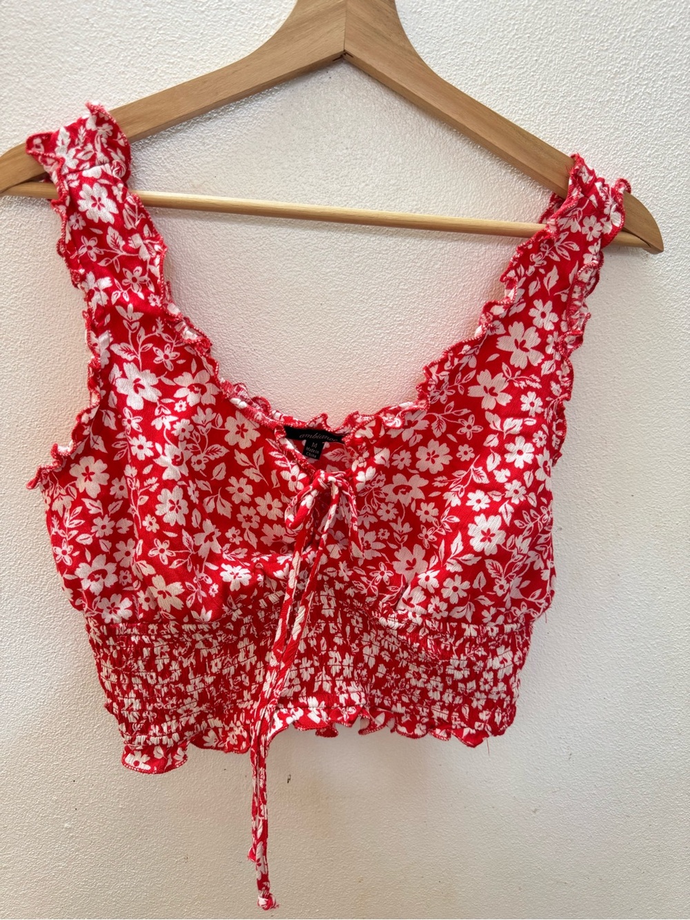 Ambiance Red Floral Tie-Front Smocked Crop Top